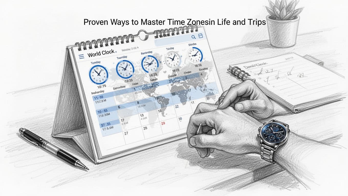 Hand-drawn graphite sketch of a calendar with open world clock app displaying multiple time zones, relaxed hand adjusting watch on desk with notebook in bright workspace, light shading, clean white background, use #1E73BE accent on clocks.