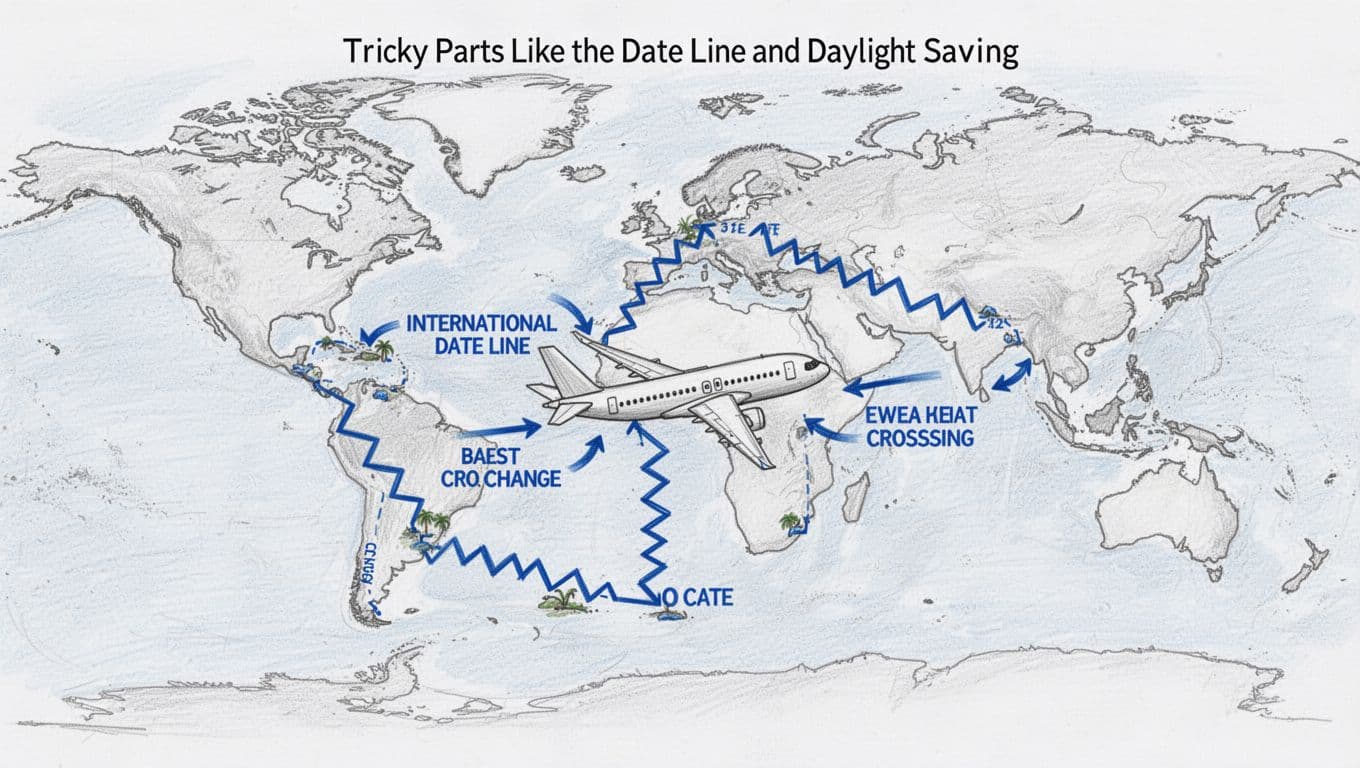 Hand-drawn graphite sketch on white paper showing the zigzagging International Date Line in the Pacific Ocean around islands, with an airplane crossing it and date change arrows indicating east-west effects.